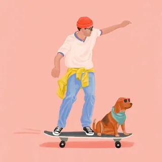 Man skateboarding with dog wearing sunglasses and blue scarf