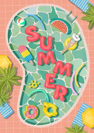 Swimming pool with summer-themed inflatables and food floats