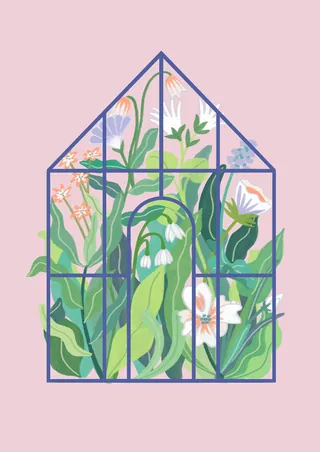 Glass greenhouse with green plants and blooming flowers inside