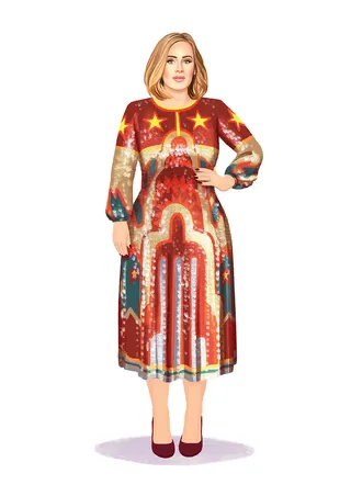 Woman in colorful patterned long-sleeve midi dress and burgundy shoes