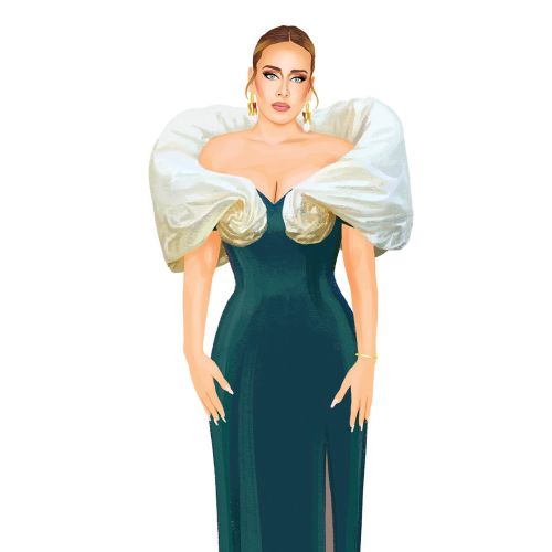 Woman wearing green dress with white puffed sleeves