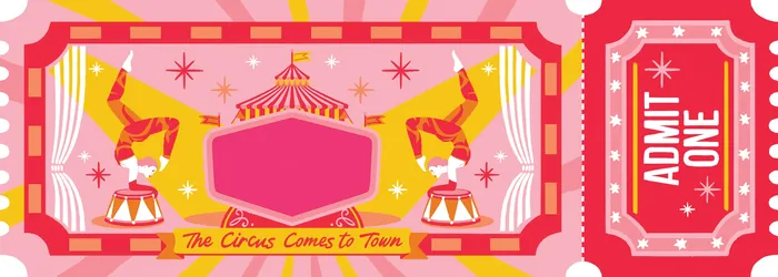 Circus ticket with acrobats and vibrant pink-red designs
