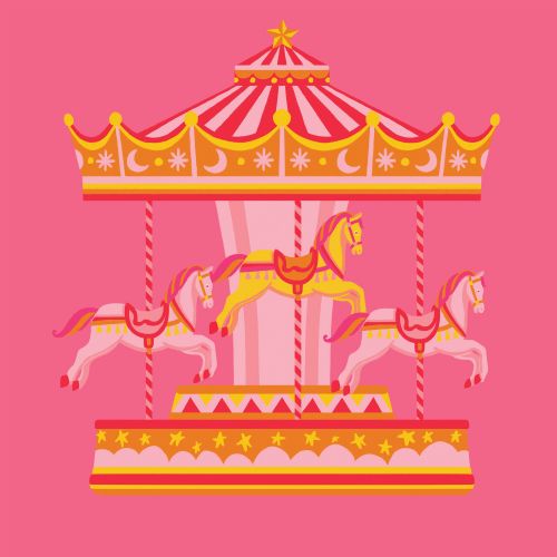 Carousel with three pink and yellow horses on a pink background
