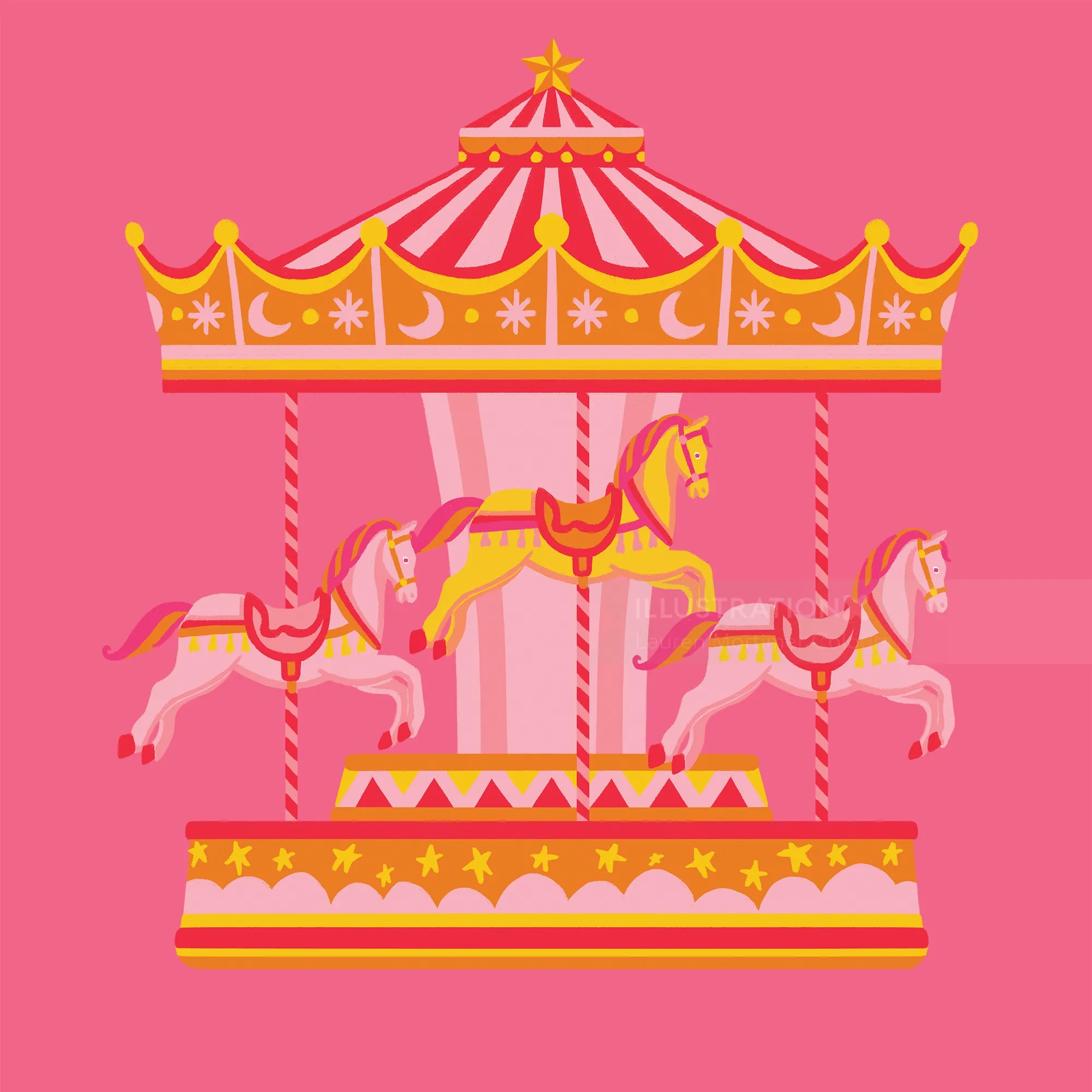 Carousel with three pink and yellow horses on a pink background