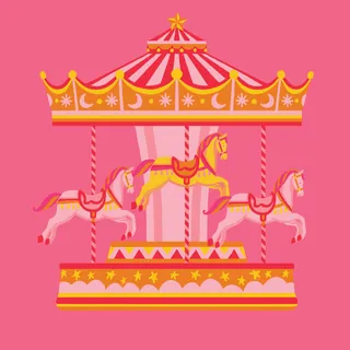 Carousel with three pink and yellow horses on a pink background