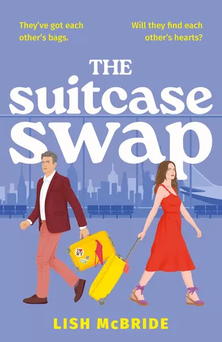Man and woman walking away with swapped yellow suitcases in city background.