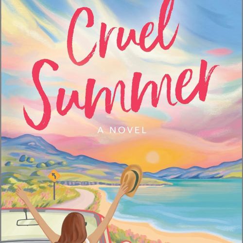 Woman in red convertible car holding hat driving by seaside at sunset