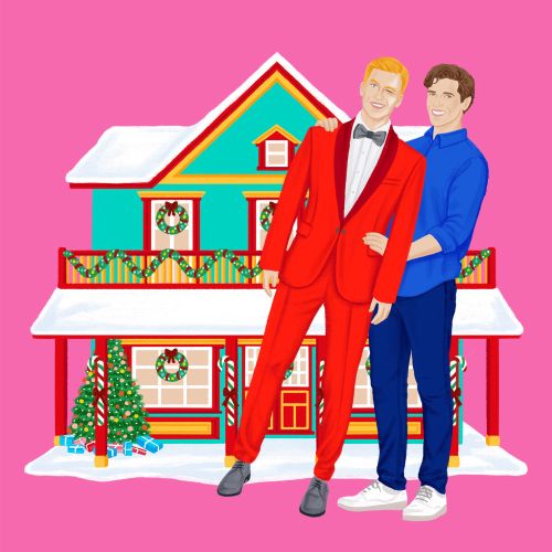 Two men posing in front of a house decorated with Christmas wreaths