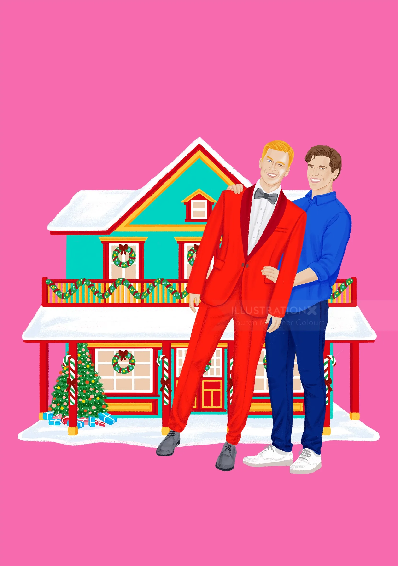 Two men posing in front of a house decorated with Christmas wreaths