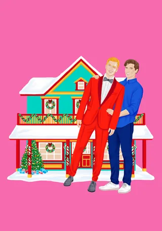 Two men posing in front of a house decorated with Christmas wreaths
