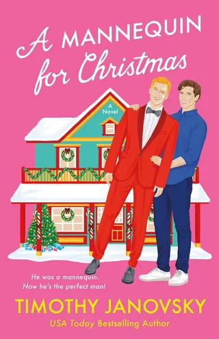 Book cover showing two men in front of a Christmas-decorated house.