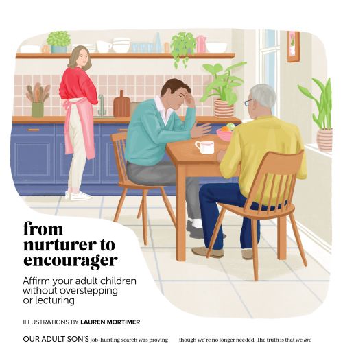 Adult child sitting with elderly parent in kitchen, offering comfort