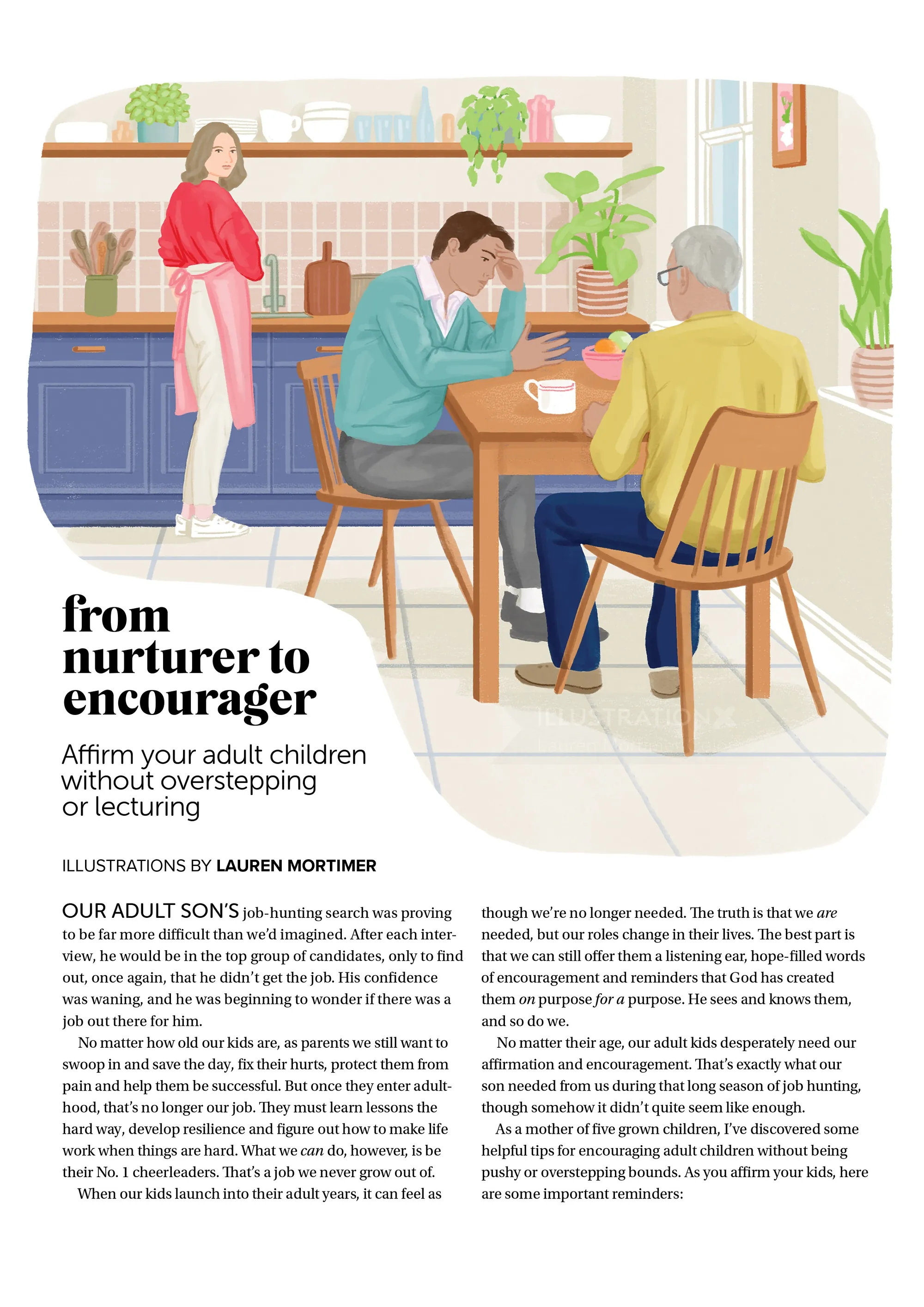 Adult child sitting with elderly parent in kitchen, offering comfort