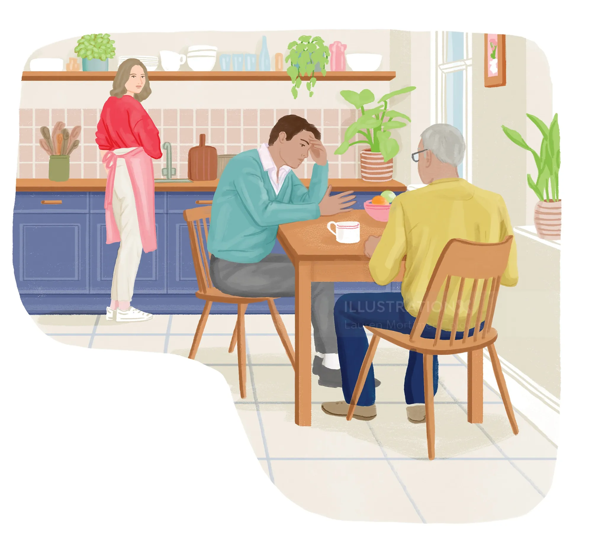 Young man looking stressed at a table with older man and woman in kitchen