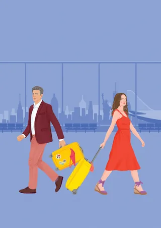 Man and woman walking with yellow suitcase in airport terminal