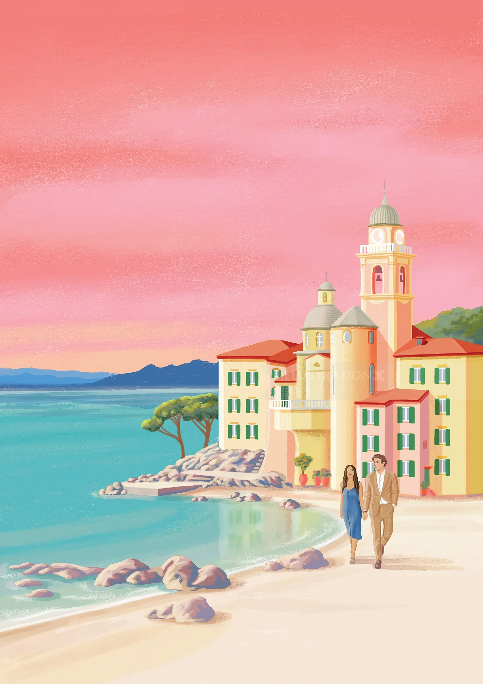 Couple walking by colorful coastal buildings with pink sunset sky