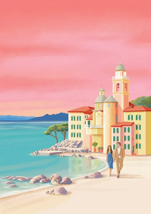 Couple walking by colorful coastal buildings with pink sunset sky