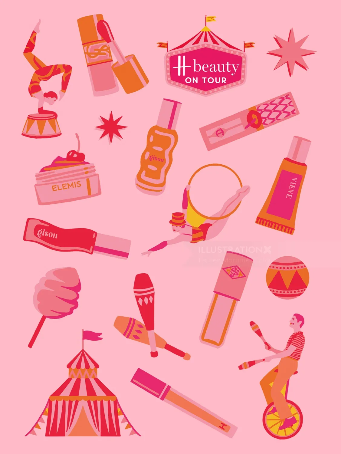 Beauty products and circus items illustration by Lauren Mortimer Colours