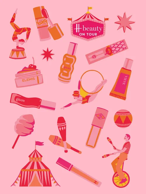 Beauty products and circus items illustration by Lauren Mortimer Colours