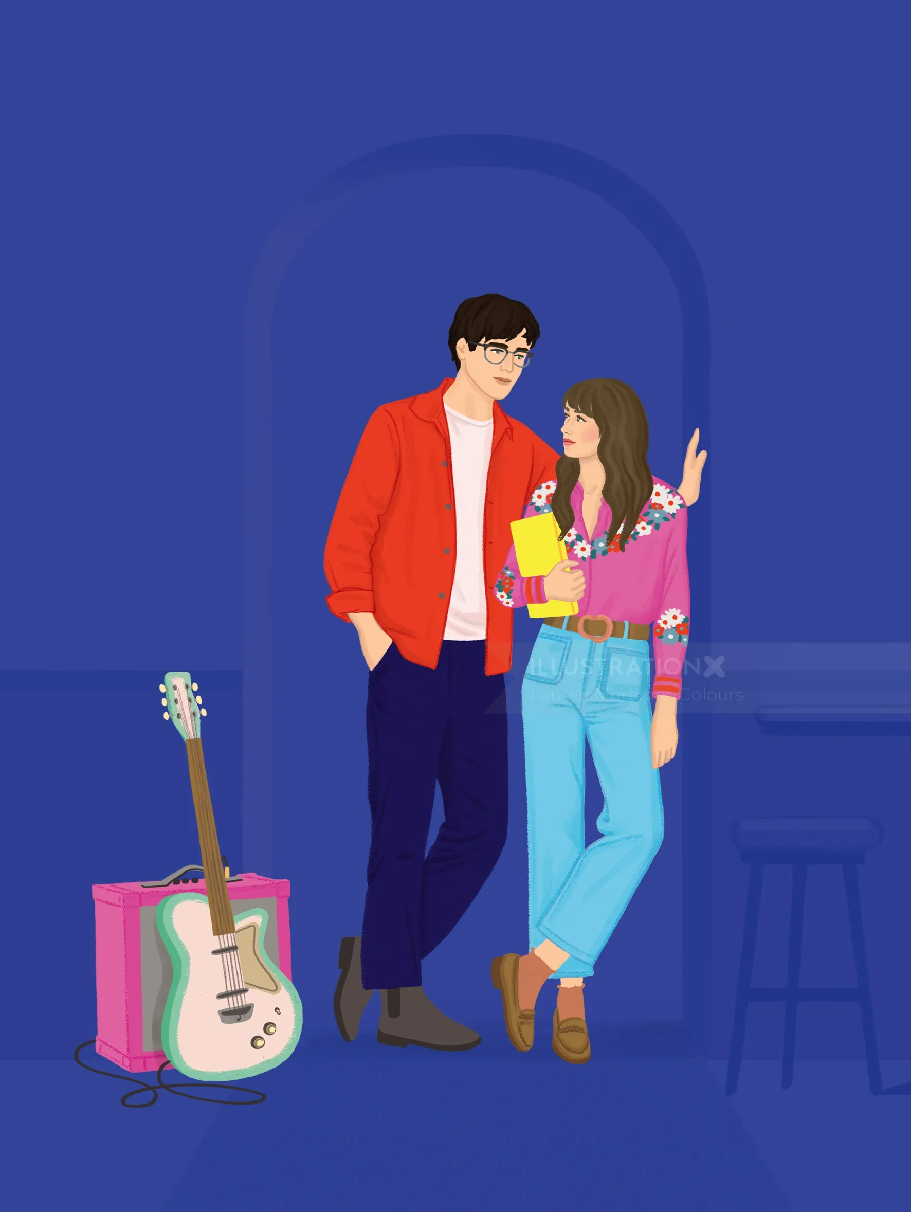 Young couple standing near a guitar on the floor by Lauren Mortimer Colours