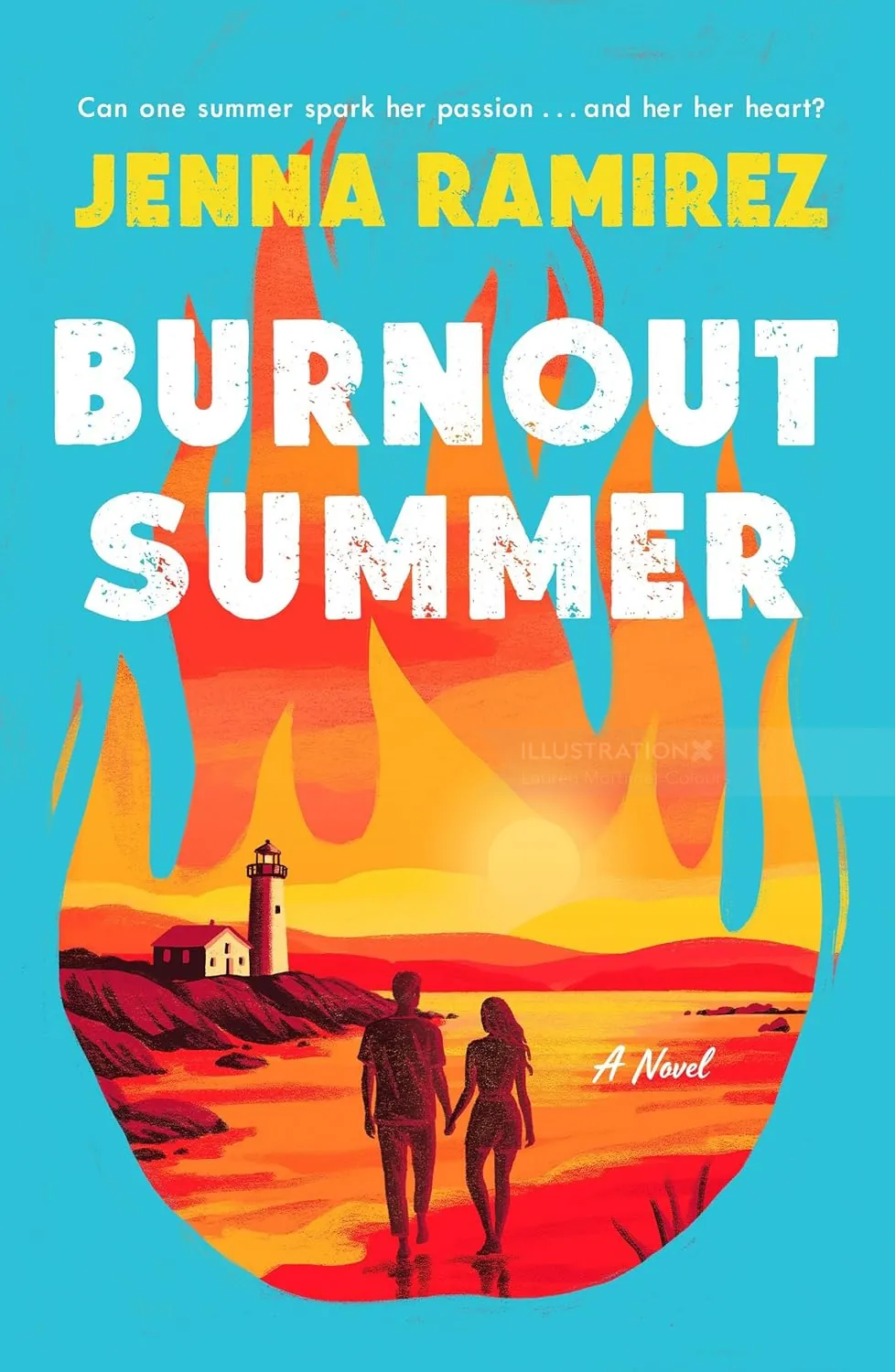 Book cover illustration with two figures walking towards lighthouse and flames by Lauren Mortimer Co