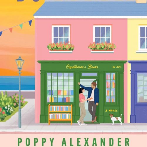 Bookshop exterior with couple embracing and books displayed, illustration by Lauren Mortimer Colours