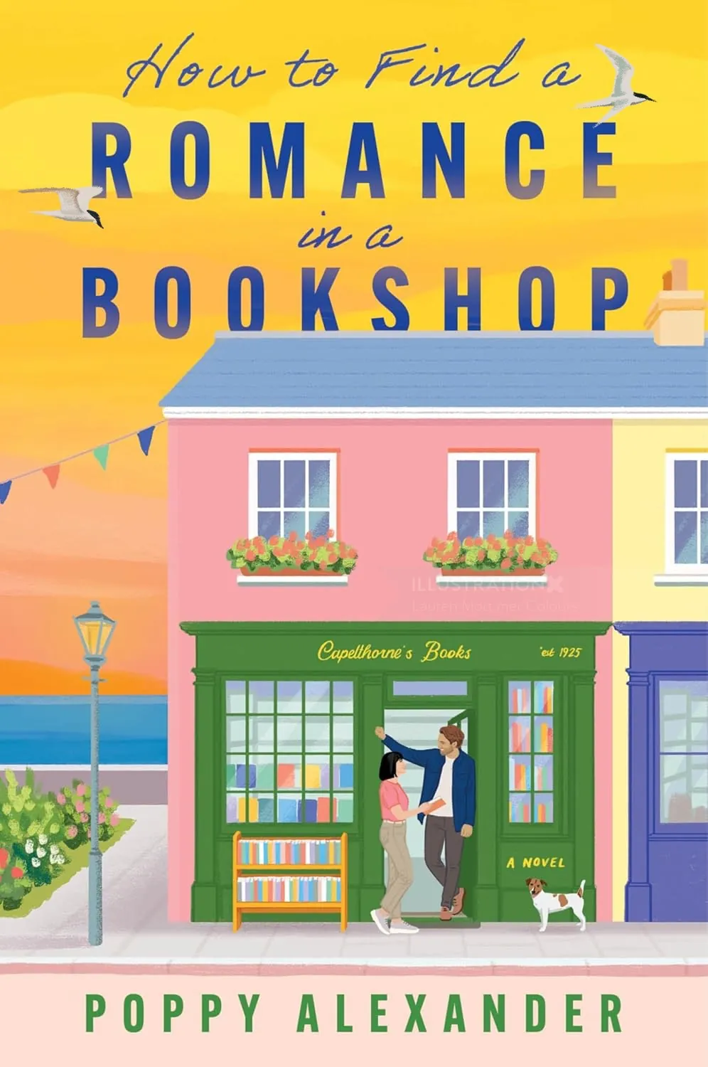 Bookshop exterior with couple embracing and books displayed, illustration by Lauren Mortimer Colours