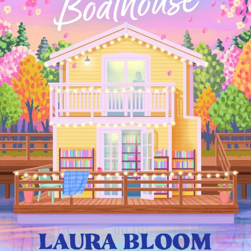 Book cover of The Cherry Blossom Boathouse with yellow boathouse and cherry blossoms, by Lauren Mort