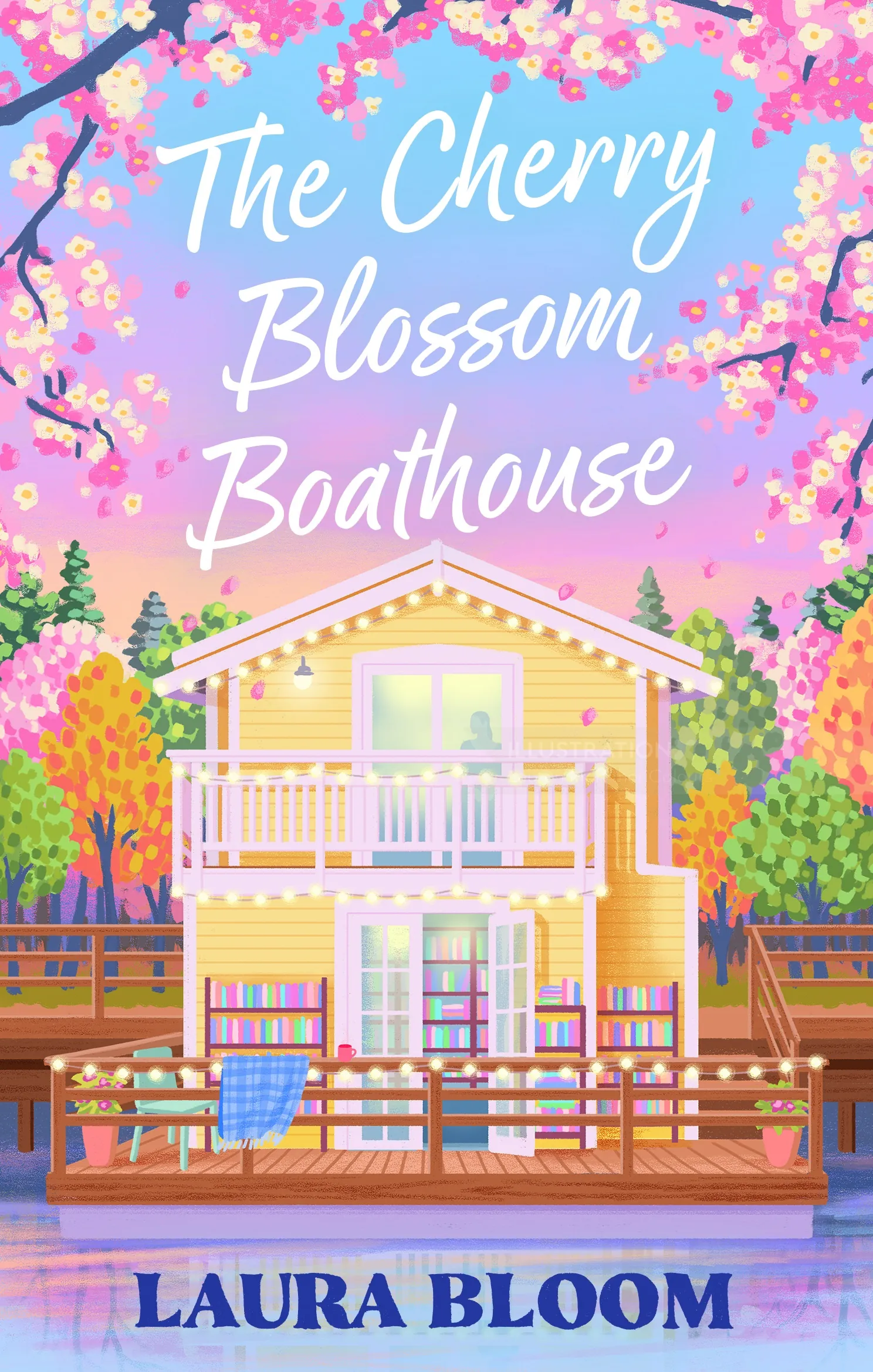 Book cover of The Cherry Blossom Boathouse with yellow boathouse and cherry blossoms, by Lauren Mort