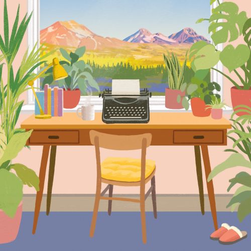 A cozy writing desk with typewriter and plants by window showing mountains by Lauren Mortimer Colour