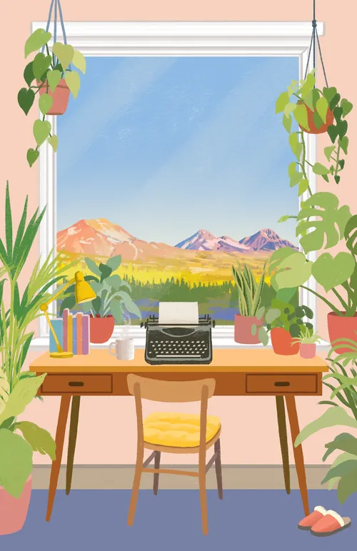 A cozy writing desk with typewriter and plants by window showing mountains by Lauren Mortimer Colour