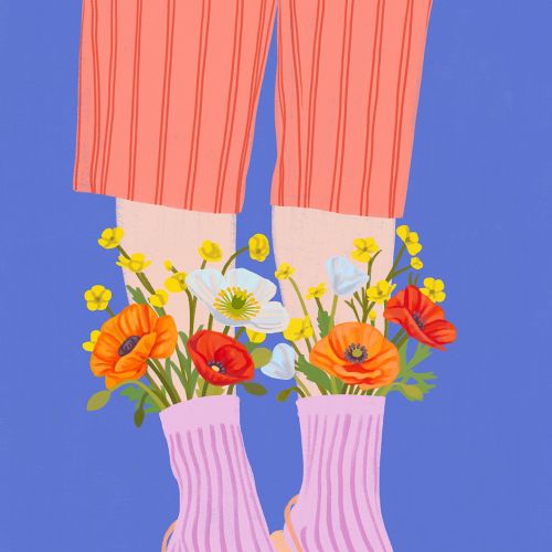 Pink striped socks with orange and yellow flowers and sandals by Lauren Mortimer Colours