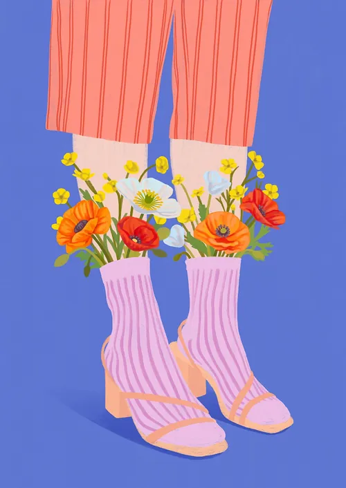 Pink striped socks with orange and yellow flowers and sandals by Lauren Mortimer Colours