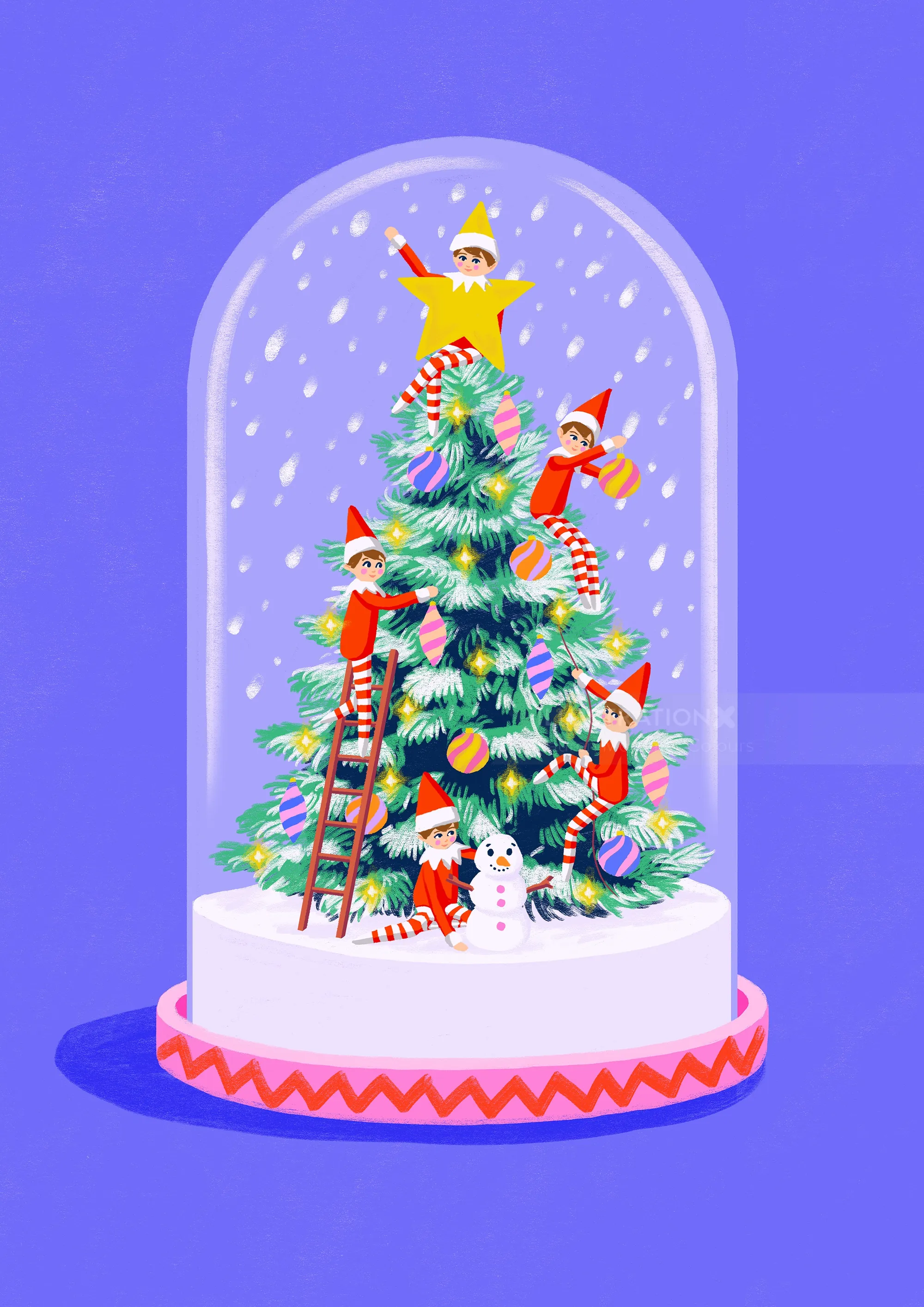 Snow globe with elves decorating a Christmas tree, by Lauren Mortimer Colours