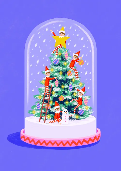 Snow globe with elves decorating a Christmas tree, by Lauren Mortimer Colours