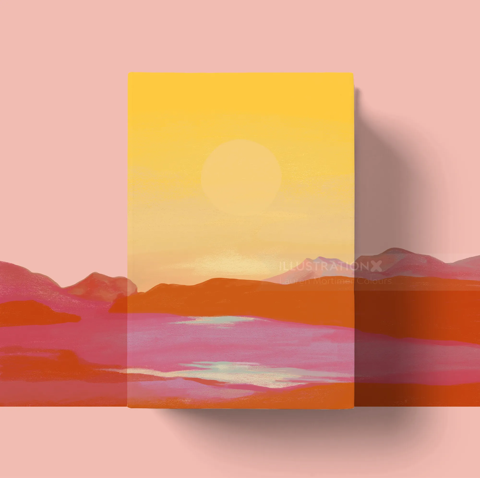 Sunset landscape with mountains and a large sun by Lauren Mortimer Colours