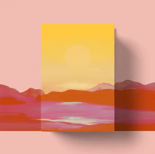Sunset landscape with mountains and a large sun by Lauren Mortimer Colours