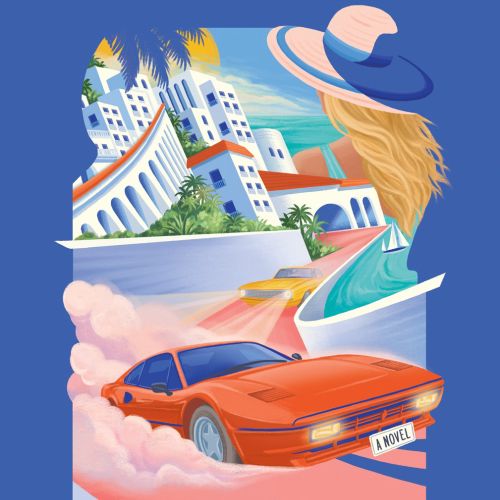 Lauren Mortimer Colours illustration of a red convertible beside a colorful coastal cityscape