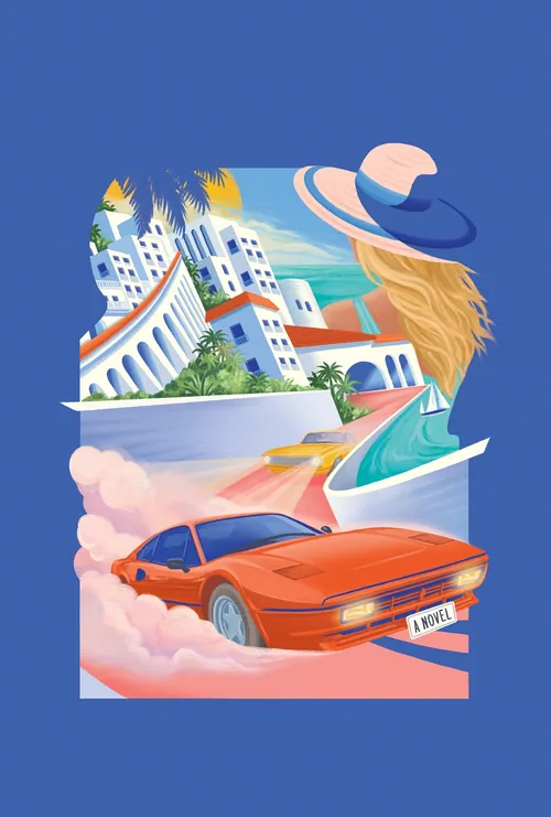 Lauren Mortimer Colours illustration of a red convertible beside a colorful coastal cityscape