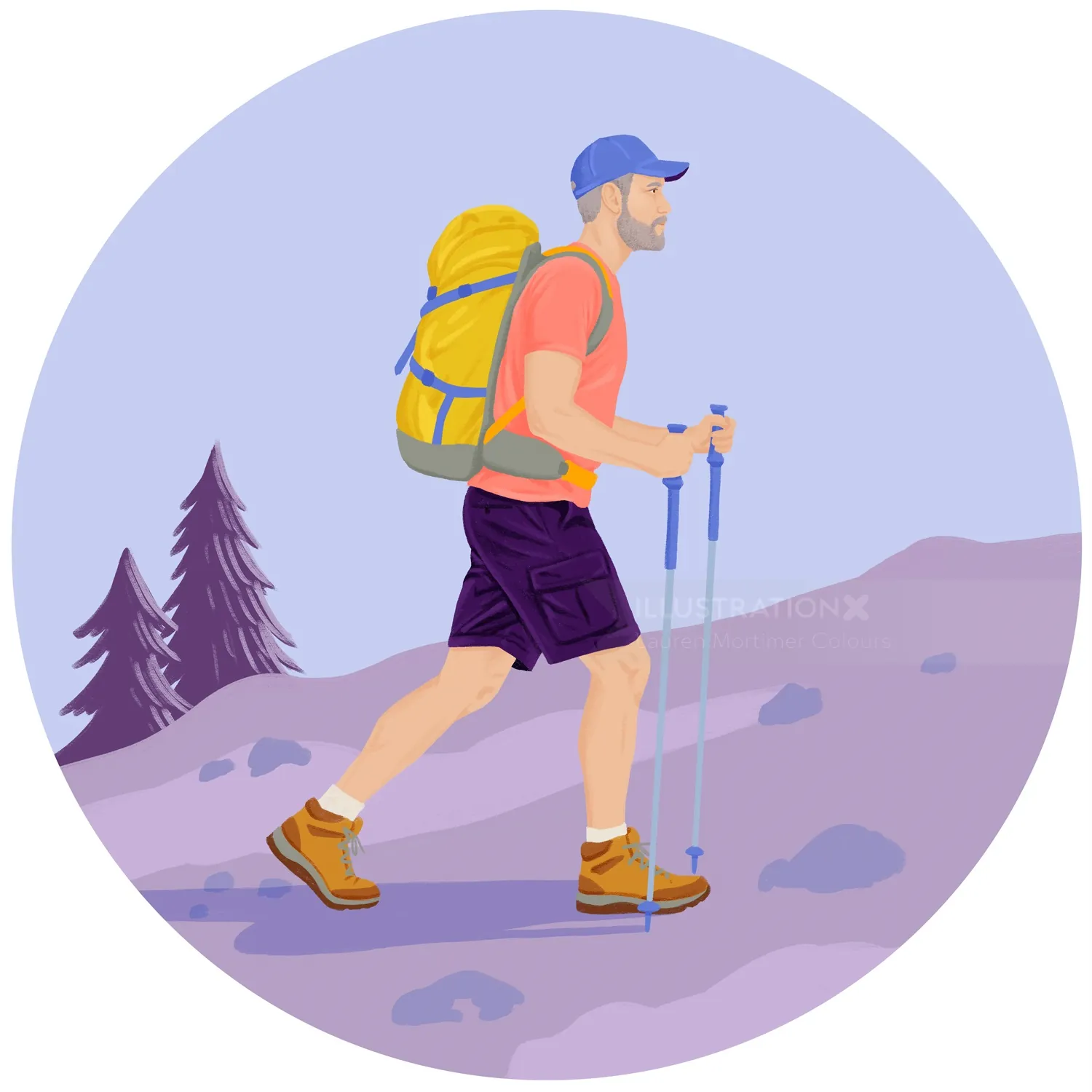 Lauren Mortimer Ilustração colorida de um excursionista com mochila e bastões de caminhada