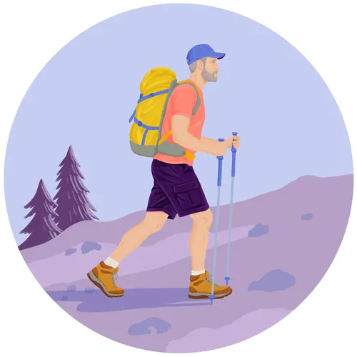 Lauren Mortimer Colours illustration of a hiker with backpack and trekking poles