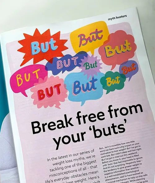 Colorful illustrated “but” speech bubbles by Lauren Mortimer Colours above a magazine headline.