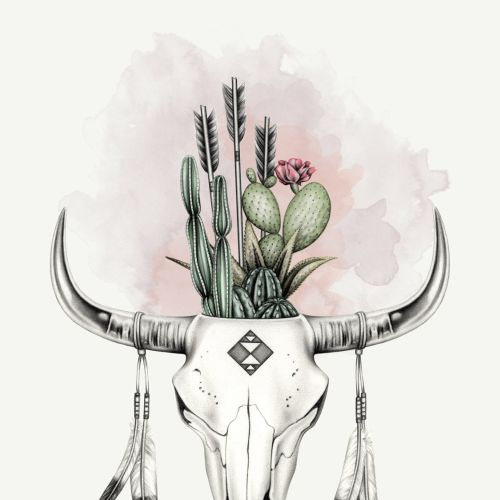 Pencil drawing of cow skull with cactus