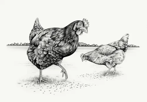 Hens eating seeds pencil art by Lauren Mortimer