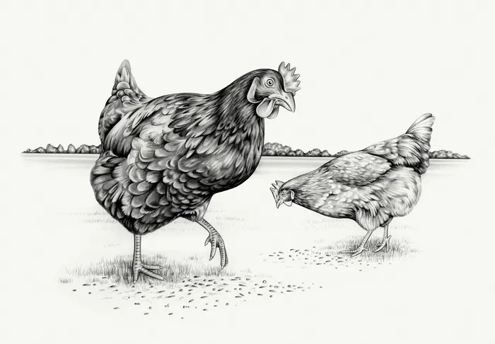 Poules mangeant des graines, dessin au crayon par Lauren Mortimer