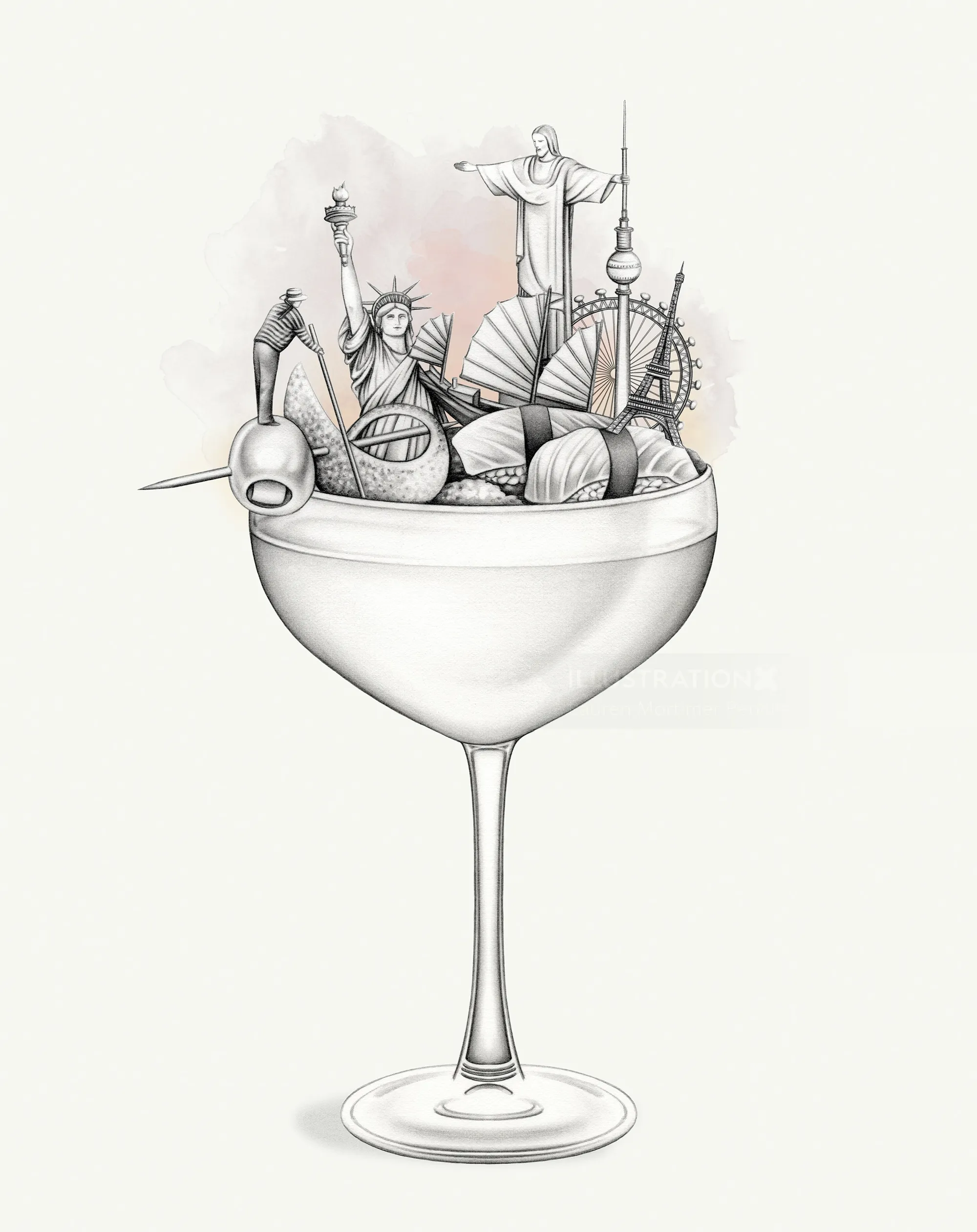 Editorial illustration of cocktails in 8 cities
