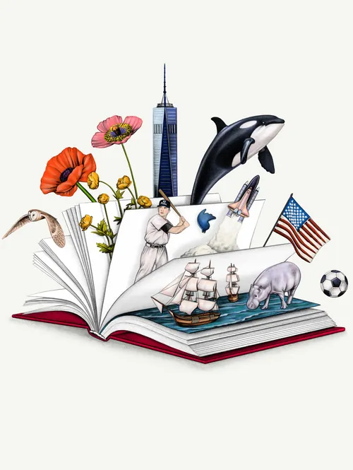 Illustration of an open book with flowers, spacecraft, animals, and landmarks by Lauren Mortimer Pen