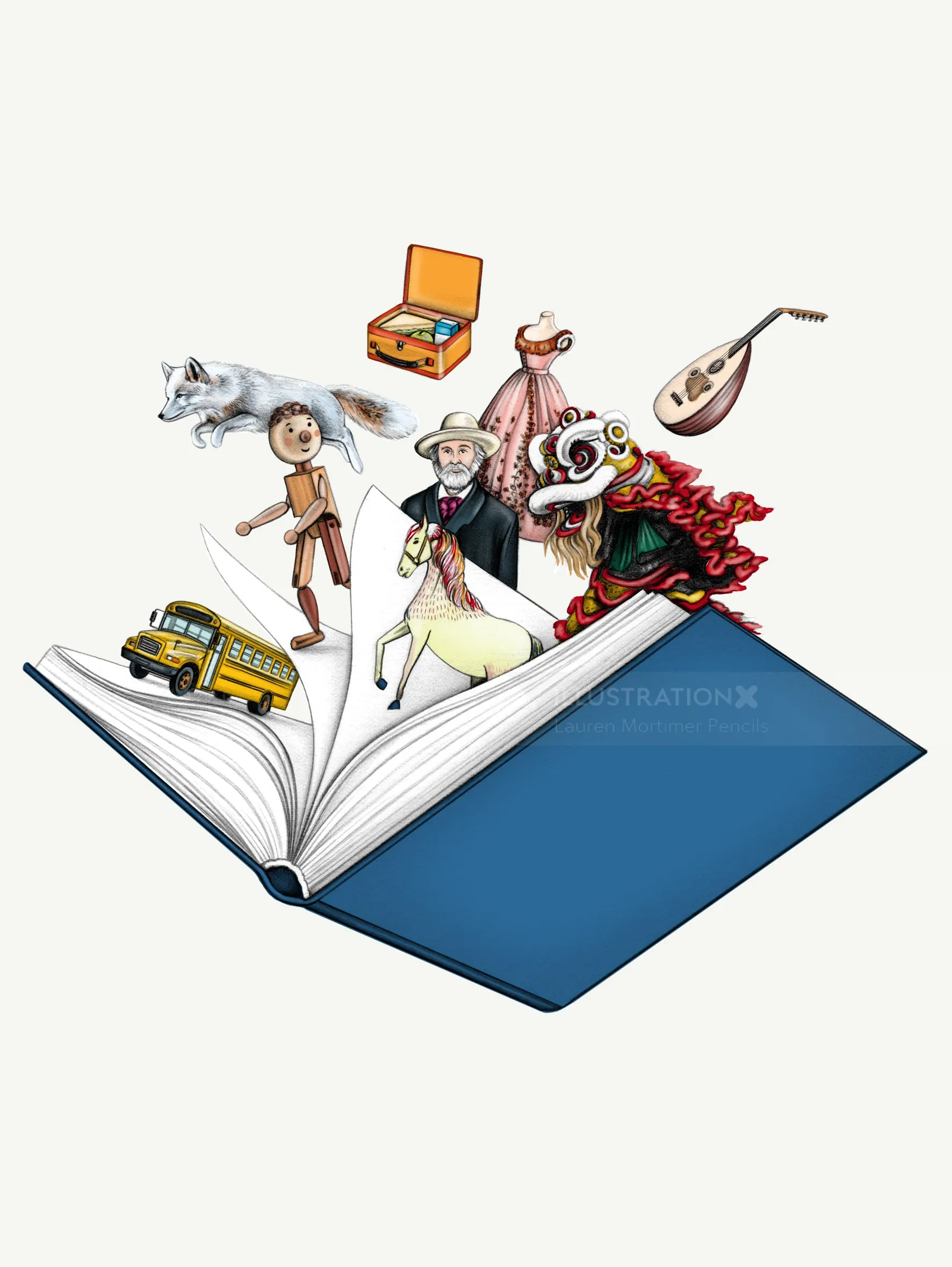 Illustration of an open book with characters and objects emerging, by Lauren Mortimer Pencils