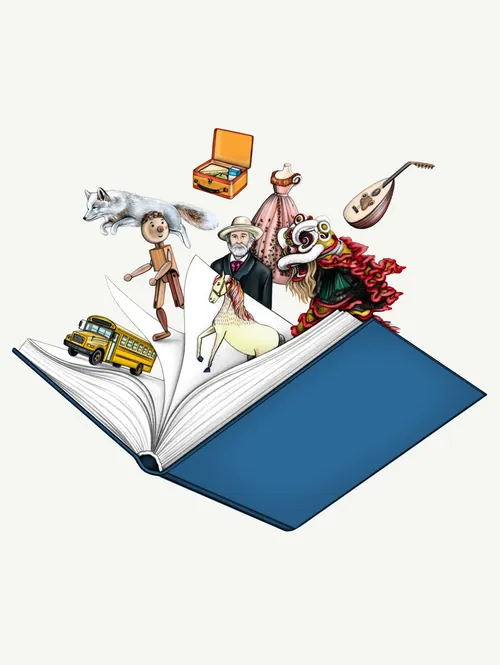 Illustration of an open book with characters and objects emerging, by Lauren Mortimer Pencils