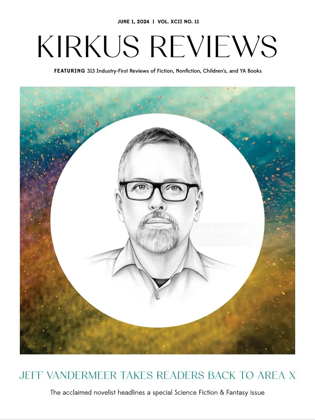 Portrait illustration on Kirkus Reviews cover by Lauren Mortimer Pencils
